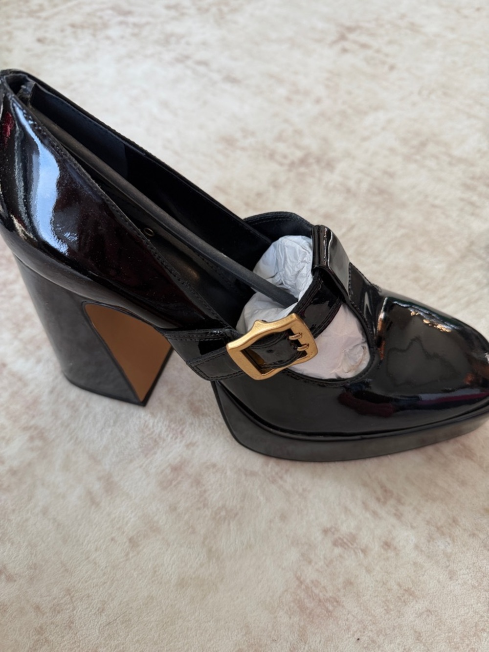 Vince Camuto Black Patent Mary Jane Block Heel with Gold Buckle